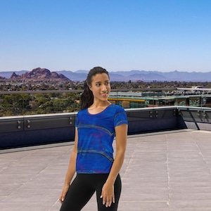 Sapphire Tide – Women&#39;s All-Over Print Abstract Athletic Shirt | Bold Blue Ocean Art Tee | Unique Wearable Artwork