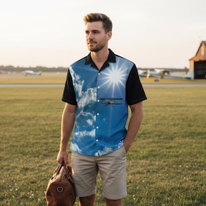 Vintage Biplane Art Shirt: Oversized Skyscape Button-Up