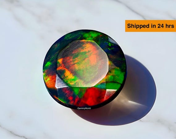 AAA Black Ethiopian Opal Gemstone: Faceted Round Cut, Multi-Fire