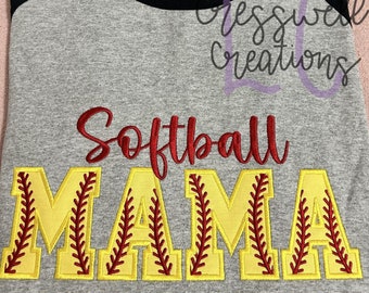 Diseño de bordado a máquina con apliques de Softball Mama // Incluye diseño de cordones para mangas