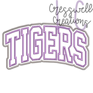 May include: Purple and gray embroidered "TIGERS" text with a curved arch design.