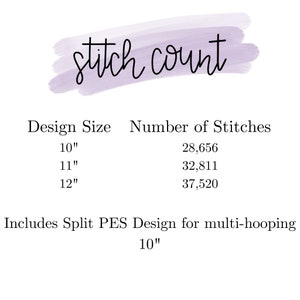 May include: A chart showing stitch counts for different sizes of embroidery designs. The chart shows the stitch count for 10", 11", and 12" designs. The chart also includes the text "Includes Split PES Design for multi-hooping 10""