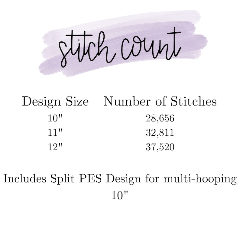 May include: A chart showing stitch counts for different sizes of embroidery designs. The chart shows the stitch count for 10", 11", and 12" designs. The chart also includes the text "Includes Split PES Design for multi-hooping 10""