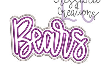 May include: Purple and white embroidered design of the word "Bears" with a double outline.