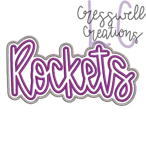May include: Purple and gray embroidered design of the word "Rockets" with a double outline.