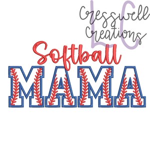 May include: Softball Mama embroidery design with red and blue stitching. The word "Mama" is in a baseball-style font with red stitching and blue outlines.