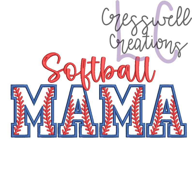May include: Softball Mama embroidery design with red and blue stitching. The word "Mama" is in a baseball-style font with red stitching and blue outlines.
