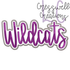 May include: A purple "Wildcats" design with a silver outline. The text is in a cursive font. The words "Cresswell Creations" are written in a script font in the upper right corner.