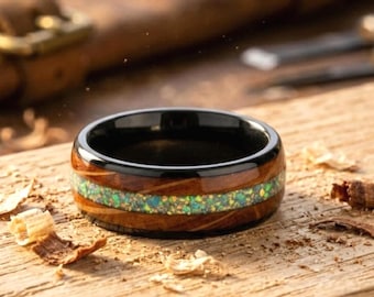 Whiskey Barrel Mens Wedding Band, Wood Ring wirh White Fire Opal Inlay