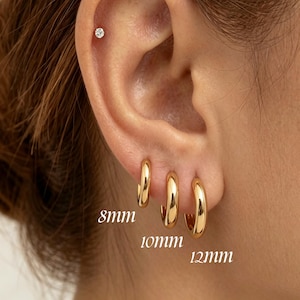 May include: Three gold hoop earrings in graduated sizes of 8mm, 10mm, and 12mm, worn in the earlobe, accompanied by a single small stud earring with a clear stone positioned in the upper cartilage area of the ear.