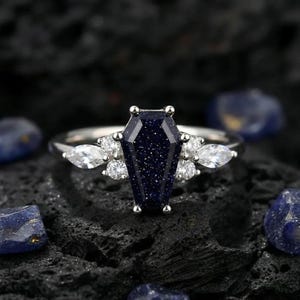 Coffin Cut Blue Sandstone Ring, Galaxy Promise Ring for Women in Sterling Silver image 1