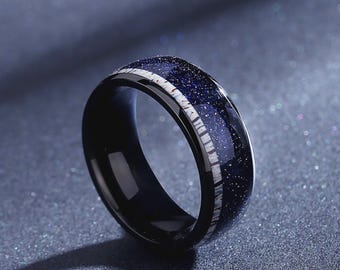 Blauwe zandsteen herentrouwring, Galaxy verlovingsring voor mannen, hertengewei inlegwerk