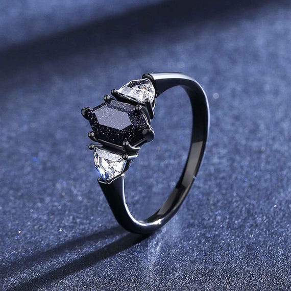 Hexagon Blue Sandstone Promise Ring, Engagement Ring for Woman