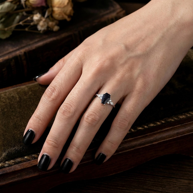 Coffin Cut Blue Sandstone Ring, Galaxy Promise Ring for Women in Sterling Silver image 7