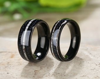 Blue Sandstone Couples Rings, Orion Nebula His and Hers Wedding Bands with Deer Antler