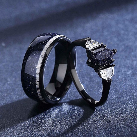 Blue Sandstone Ring Set, Wedding Rings Sets His and Hers Hexagon Cut Engagement Ring