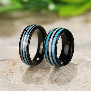 Blue Turquoise Ring, December Birthstone, Deer Antler Wedding Bands, Matching Rings Set, Couples Ring Set, Promisse Ring for Couples