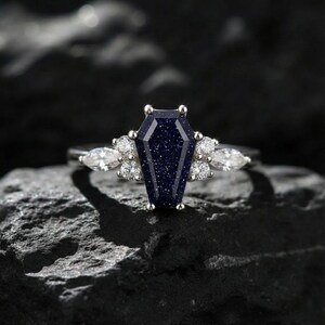 Coffin Cut Blue Sandstone Ring, Galaxy Promise Ring for Women in Sterling Silver image 3