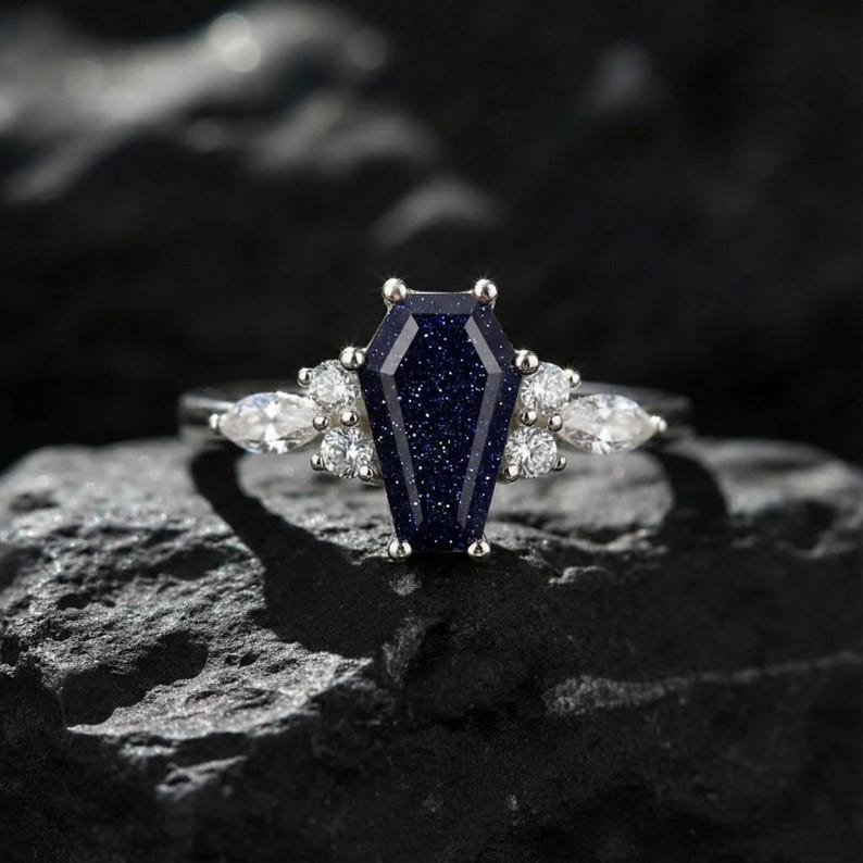 Coffin Cut Blue Sandstone Ring, Galaxy Promise Ring for Women in Sterling Silver image 3