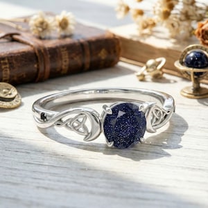Keltische knoop verlovingsring, heksenbeschermingsring voor vrouwen met blauwe zandsteen