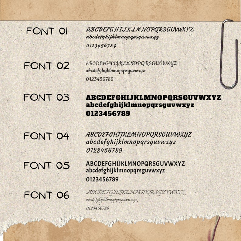Op de afbeelding: Een close-up van zes verschillende lettertypen die op een beige achtergrond worden weergegeven. De lettertypen zijn gelabeld "FONT 01" tot "FONT 06". Elk lettertype toont het alfabet in hoofdletters en kleine letters, evenals de cijfers 0 tot en met 9.