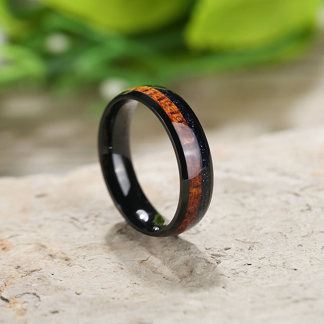 Wood Promise Rings Wedding Ring With Whiskey Barrel Wood, Promise Ring, Blue Sandstone ...