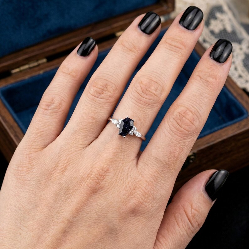 Coffin Cut Blue Sandstone Ring, Galaxy Promise Ring for Women in Sterling Silver image 4