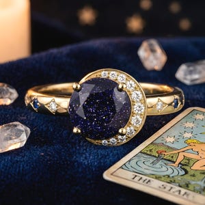 Celestial Sun and Moon Ring: Crescent Moon Promise Rings with Blue Sandstone