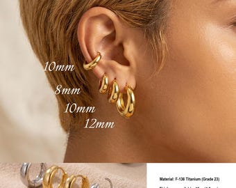 18G Titanium Chunky Hoop Earrings, Hypoallergenic Waterproof Gold Huggie Hoops, Sensitive Ears Wide Conch & Helix Cartilage Clicker