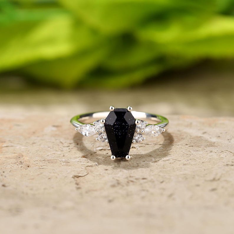 Coffin Cut Blue Sandstone Ring, Galaxy Promise Ring for Women in Sterling Silver image 10