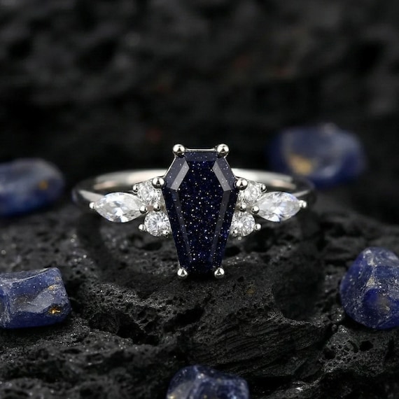 Coffin Cut Blue Sandstone Ring, Galaxy Promise Ring for Women in Sterling Silver