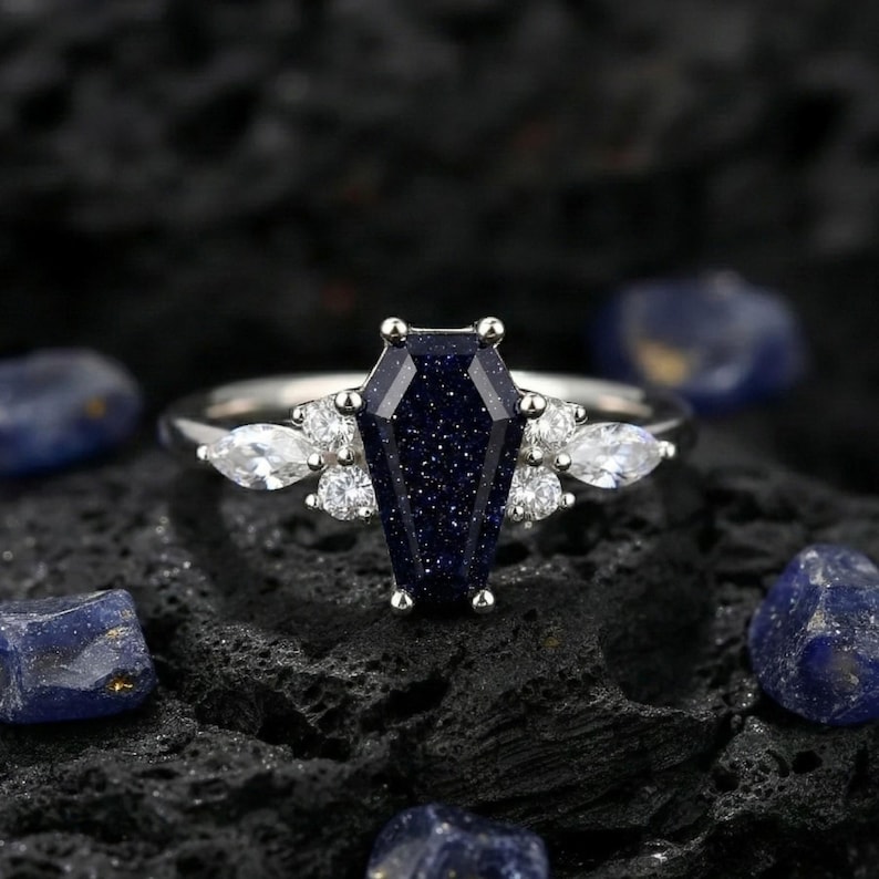 Coffin Cut Blue Sandstone Ring, Galaxy Promise Ring for Women in Sterling Silver image 1
