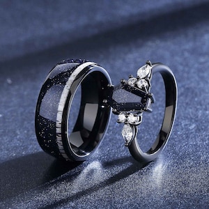 Galaxy Nebula Ring Set, His and Hers Black Sandstone Ring Starry Night Wedding Band, Custom Engraved Rings, Promise Ring for Couples