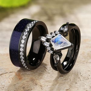 Moon Rings for Couples, &quot;To the Moon and Back&quot; Promise Ring Set, Rainbow Moonstone Couples Ring Set, Night Court Ring, His and Hers Rings