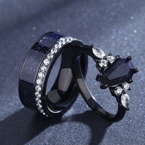 Couple Promise Rings Set - Til Death Coffin Ring, Outer Space Ring Set, Blue Sandstone Ring, Orion Nebula Couples Ring Set, Anniversary Gift