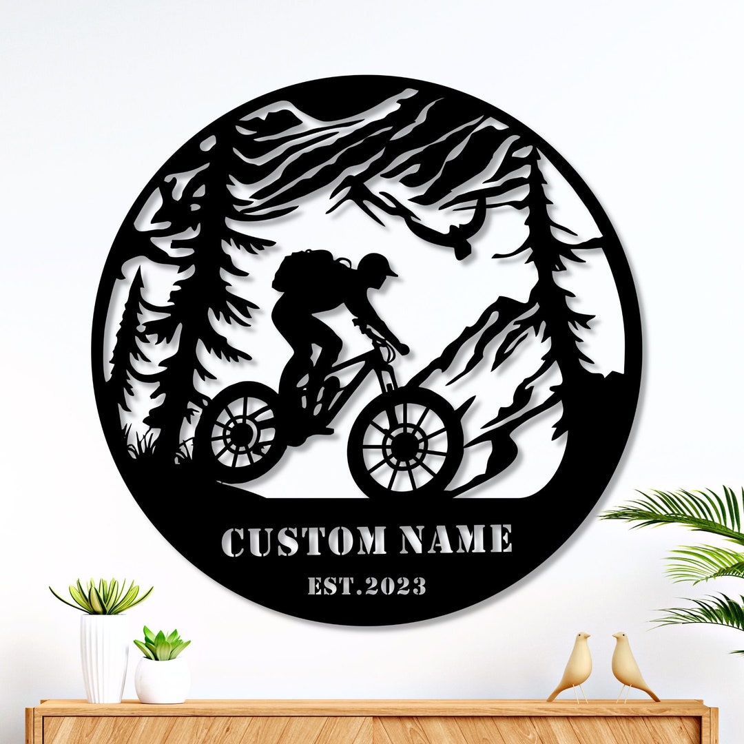 Custom Cycling Metal Sign, Mountain Tree and Cyclists Metal Wall Art ...