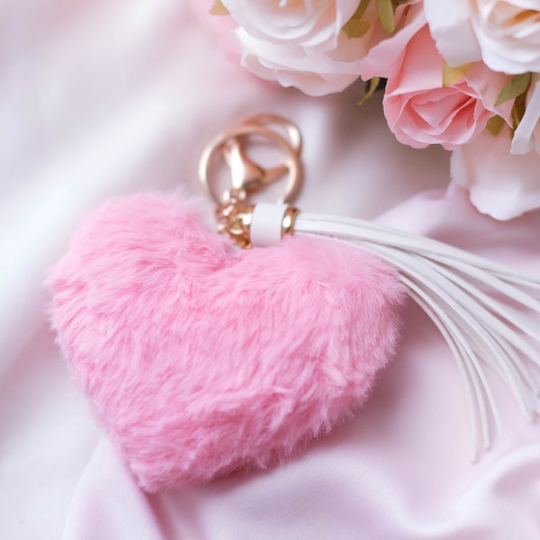 Pink Heart Pom Pom Keychain, Elegant Tassel Charm, Purse Accessory, Valentine's Dat Gift For Her, Aesthetic Pink Keychain, Pink Heart Charm