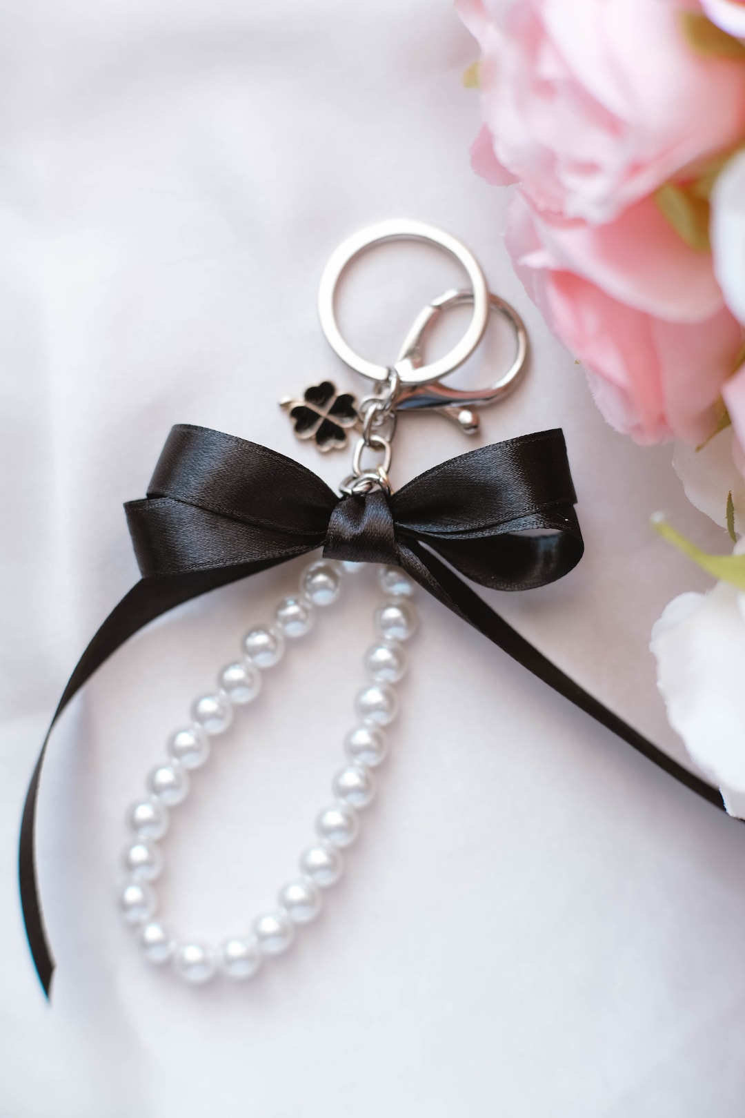 Pearl Keychain Wristlet With Black Bow & Clover Charm - Etsy