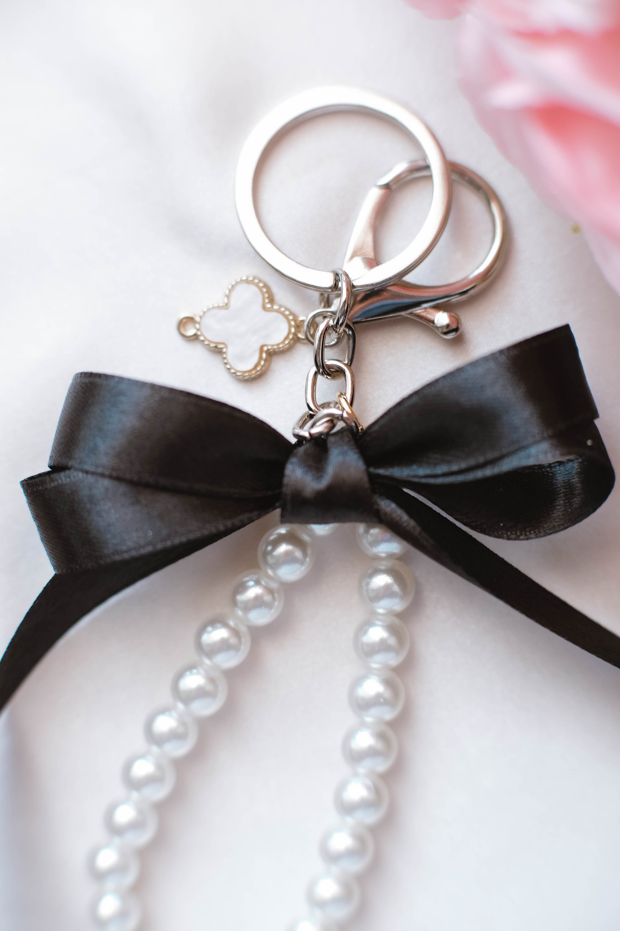 Pearl Keychain Wristlet With Black Bow & Clover Charm - Etsy
