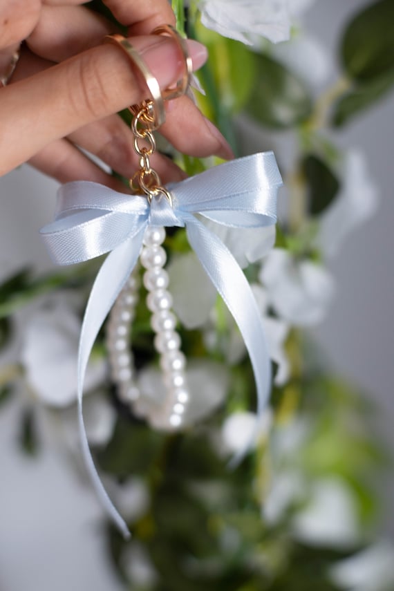 Pearl Keychain With Blue Ribbon & Clover Charm - Etsy