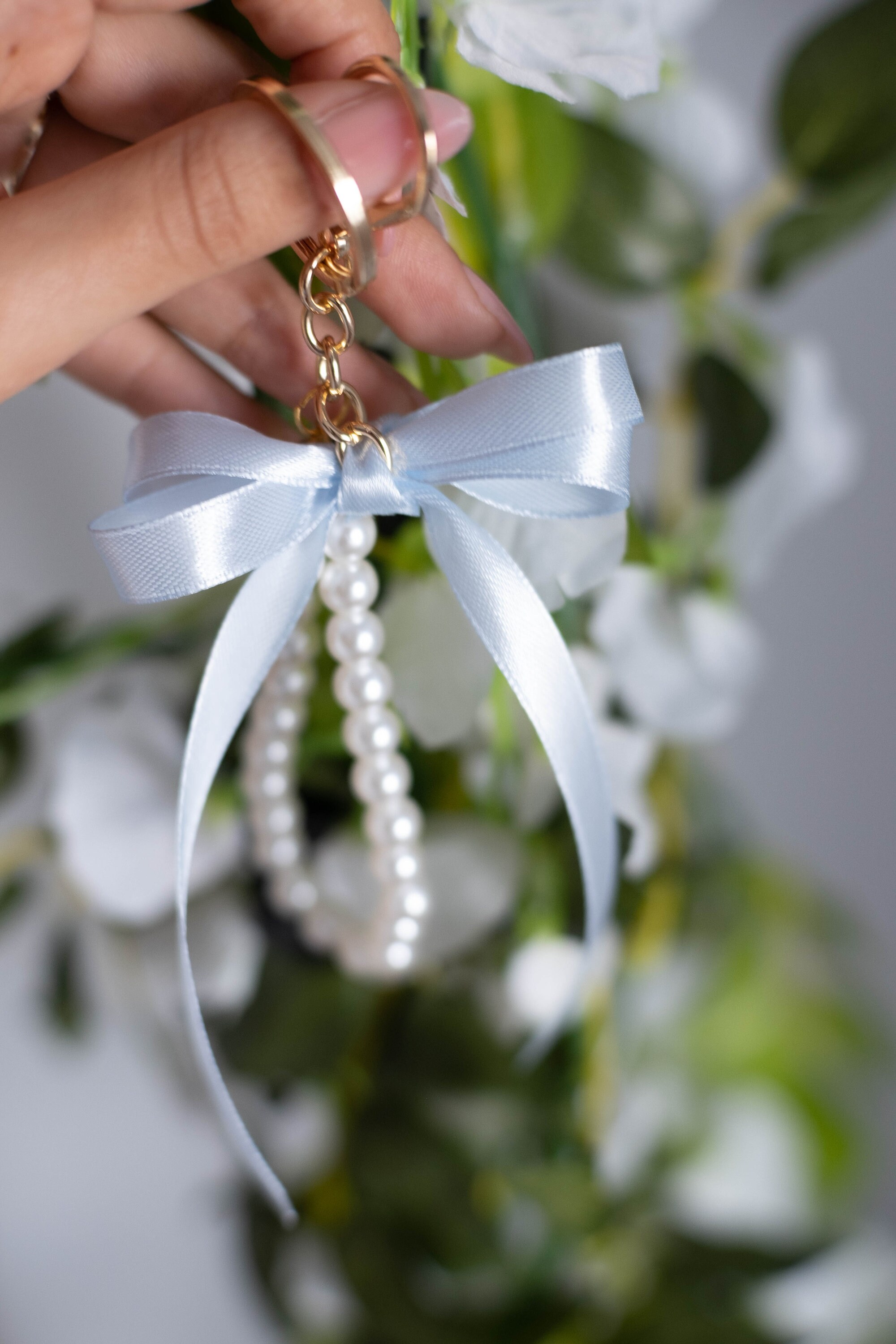 Pearl Keychain With Blue Ribbon & Clover Charm - Etsy