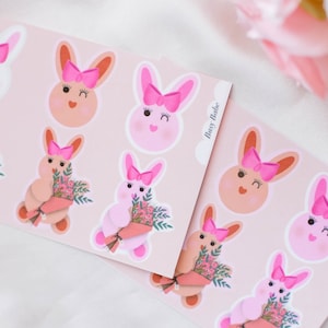 Hase mit Schleife Schleife Sticker Sheet, Hase Aufkleber, Ästhetische Kunst, Kawaii Kaninchen, Pastell Sticker Bogen, Blumen Hase, Journal Sticker Bogen