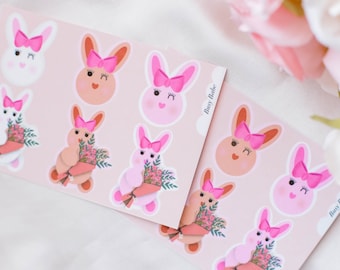 Kawaii Bunny Sticker Sheet, Pink Bow, Floral Stickers