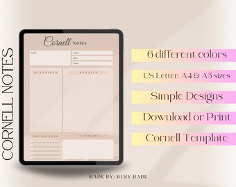 Printable Cornell Notes Template, Study Planner (Digital Download)