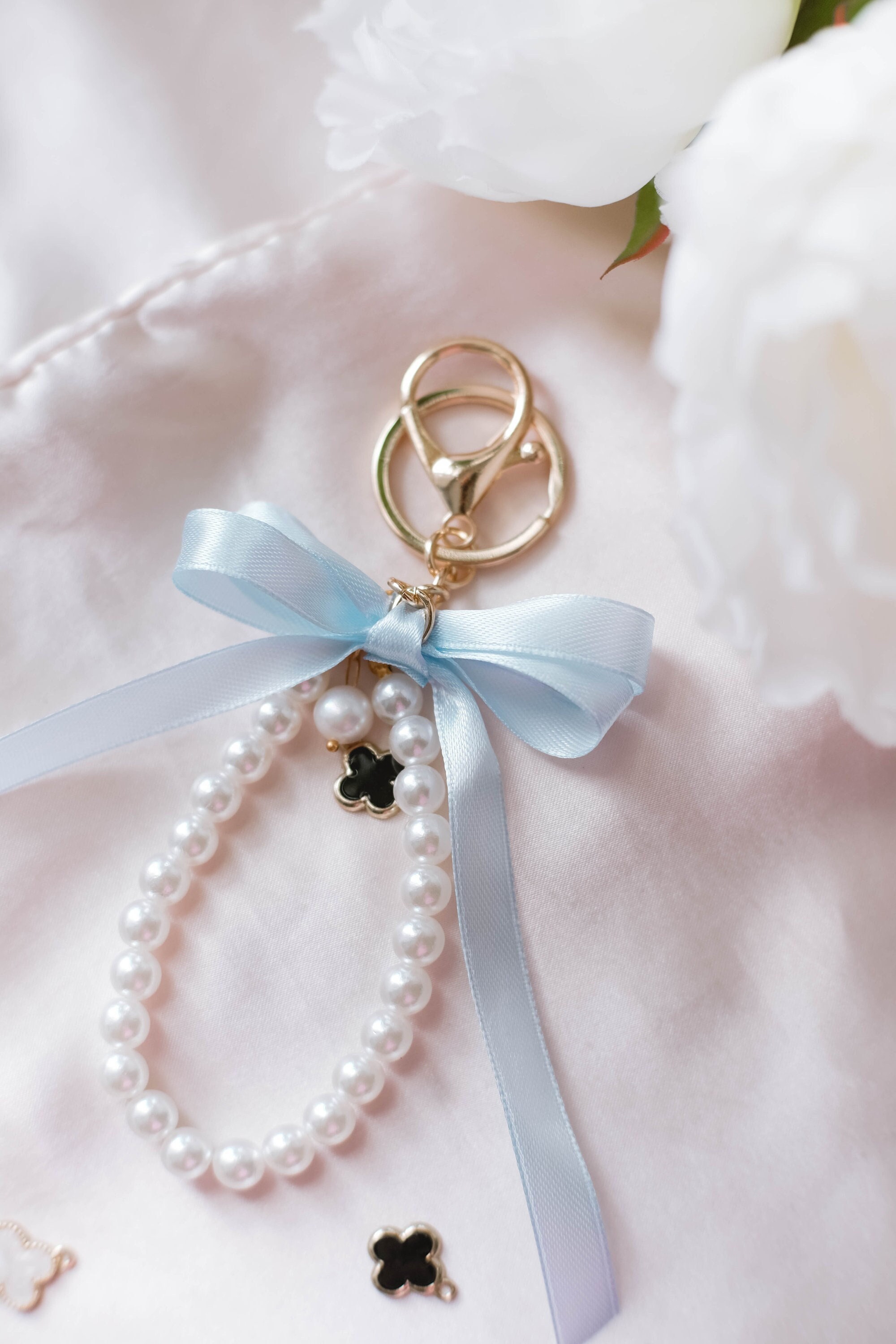 Pearl Keychain With Blue Ribbon & Clover Charm - Etsy