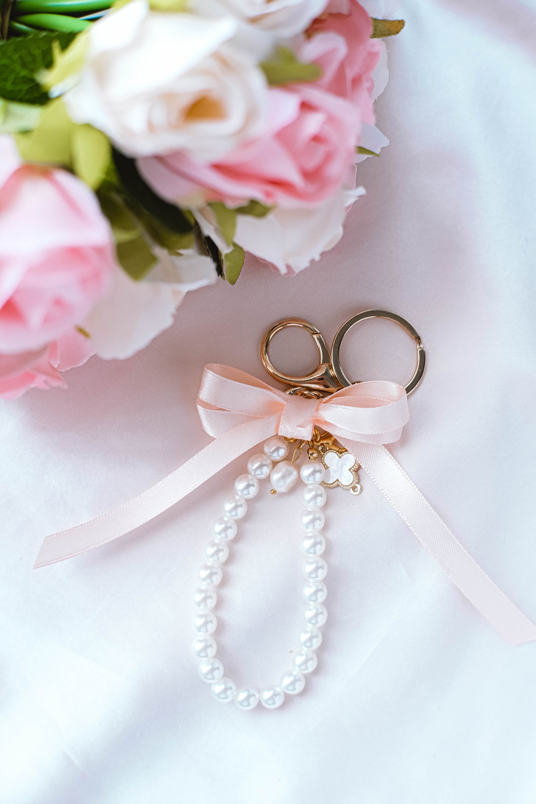 Pearl and Ribbon Keychain Elegant Wristlet for Women Purse Accessory