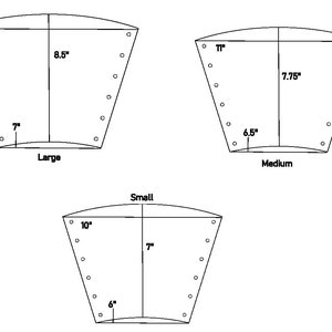 May include: Diagram showing three sizes of a leather bucket with measurements in inches. The sizes are labeled "Large", "Medium", and "Small".