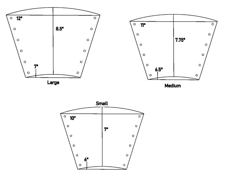 May include: Diagram showing three sizes of a leather bucket with measurements in inches. The sizes are labeled "Large", "Medium", and "Small".