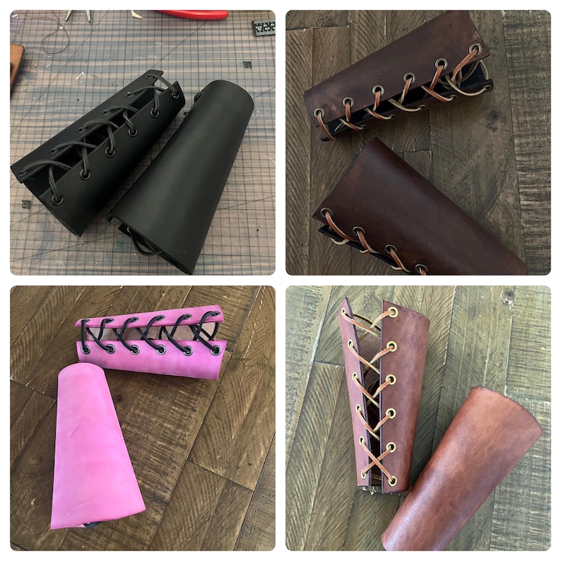 Handmade leather bracers in black, brown, pink, and natural leather with lace-up designs. Ideal for cosplay, Renaissance fairs, and medieval reenactments. Crafted from real leather in various finishes, perfect for costume or role-playing