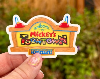 Naklejka na wejście do Toontown Myszki Miki | Nostalgiczna naklejka winylowa Disneyland | Projekt daty otwarcia